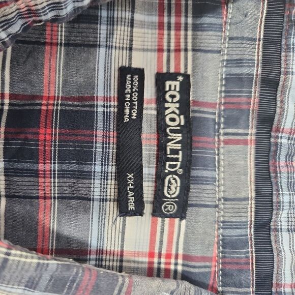 Ecko Unltd Button Front Shirt Blue Red Plaid Mens Size XXL - Picture 9 of 11